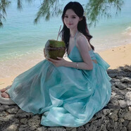 簡拉熊連衣裙女2025新款連衣裙度假氛圍感沙灘裙掛脖吊帶裙仙女大擺裙 湖水綠吊帶裙M【80-115斤】