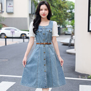 歐潤(rùn)娜方領(lǐng)牛仔連衣裙女夏薄短袖腰帶2025年新款法式拼接高級(jí)感收腰顯瘦 藍(lán)色 L 112-124