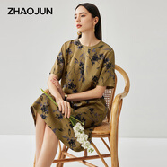 兆君2025春夏桑蠶絲新款時尚印花連衣裙女半袖寬松真絲花色裙子 卡其印花 2XL