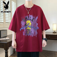花花公子（PLAYBOY ESTABLISHED 1953）短袖t恤男士夏季2025新款寬松青少年港風(fēng)帥氣圓領(lǐng)體恤衫 2005紅色 M  90-110斤