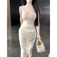星垂曉霧有女人味的連衣裙夏性感露肩微胖純欲風(fēng)無(wú)袖斜肩網(wǎng)紗連衣裙女春夏 連衣裙 原版質(zhì)量 M 建議95-110斤