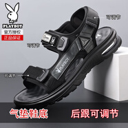 花花公子（PLAYBOY）沙灘鞋牛皮男士涼鞋真皮夏季涼拖兩用夏天防滑涼鞋透氣大碼可泡水 T1612黑色 47