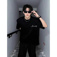 卡圖弛美式潮牌重磅純棉短袖t恤男夏季寬松五分半袖高街痞帥打底體恤衫 黑色 XL