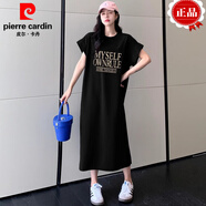 皮爾卡丹（PIERRE CARDIN）夏季短袖休閑T恤女過(guò)膝長(zhǎng)裙女休閑時(shí)尚寬松大尺碼飛飛袖連衣裙潮 1032黑色(高品質(zhì) 好質(zhì)量) M 建議80到110斤穿