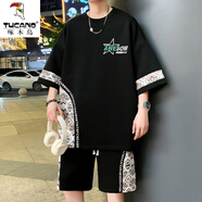 啄木鳥（TUCANO）休閑運(yùn)動(dòng)套裝男夏季2025新款冰絲短袖短褲一套搭配帥氣兩件套衣服 11012-1821黑色【套裝】 M 約85~105斤可穿