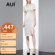 AUI 波點(diǎn)連衣裙女夏2024新品時(shí)尚女裝氣質(zhì)遮肚子顯瘦開(kāi)叉包臀裙子 杏色 S