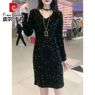 皮爾卡丹2025春秋新款大碼時(shí)尚亮片連衣裙女氣質(zhì)收腰顯瘦中長(cháng)款百搭裙子 黑色 M 【建議90-105斤】