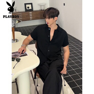 花花公子（PLAYBOY）美式cleanfit針織polo衫男生t恤短袖陽光干凈穿搭翻領(lǐng)開衫五分袖 黑色 M 100-120斤可穿