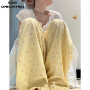 清池影（QINGCHIYING）彩色波點格紋闊腿長褲女春秋夏慵懶風(fēng)高腰寬松肌理感垂感拖地顯瘦 檸檬黃【棉】波點格紋 M