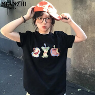 棉致設計感小眾印花純棉短袖t恤女夏季2025新款休閑五分袖半袖上衣 黑色【1500高品質17】 M 80-105斤