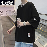 Lee dprre 2025新款七分袖男T恤夏季薄款潮牌寬松大碼韓版胖子中袖冰感衣服 025黑色 L 115至130斤左右
