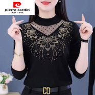 皮爾卡丹（pierre cardin）加絨燙鉆蕾絲打底衫冬季新款媽媽內搭遮肚顯瘦長(cháng)袖保暖厚T恤上衣 (薄款)金鉆煙花 23號 2XL 建議120-129斤
