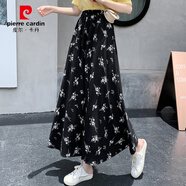 皮爾卡丹碎花裙子半身裙2025夏新款寬松遮胯大擺到腳踝長(cháng)裙高腰a字裙傘裙 黑色6961 S