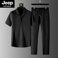 JEEP SPIRIT冰絲速干亞麻套裝男夏季薄款寬松套裝男青果領(lǐng)短袖九分褲兩件套潮 黑色套裝 4XL 建議160-175斤