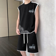 席臣冰絲運動(dòng)背心短褲套裝男士跑步健身大碼速干無(wú)袖坎肩籃球寬松tT恤 黑色 6XL建議225-245