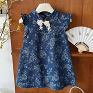 COLORFUL GEMS女童復(fù)古旗袍裙夏日花朵飛袖連衣裙寶寶時髦牛仔dress 24130深藍(lán)色 90 cm