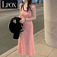 LPOX2025新款夏季純欲風(fēng)吊帶連衣裙女撞色露背設(shè)計(jì)感修身顯瘦包臀裙子 粉色裙 S _建議80-100斤