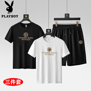 花花公子（PLAYBOY）新款短袖運動套裝短褲冰絲2025年休閑男薄款帥氣青少年夏季兩件套 617#黑白黑【短褲三件裝】 M (適合80-95斤)