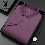 花花公子（PLAYBOY）品牌夏季絲光純棉短袖t恤男高端polo.衫中年翻領(lǐng)寬松上衣爸爸裝 玫瑰紫 2XL 建議160-180斤