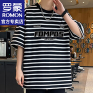 羅蒙（ROMON）純棉條紋短袖t恤男2024夏季新款寬松短袖男T半袖打底衫上衣服男裝 601-9黑白條紋 3XL (約210-230斤可穿)