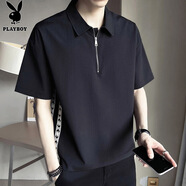 花花公子（PLAYBOY）翻領(lǐng)短袖男夏季2025新款韓版潮牌涼感上衣寬松休閑打底衫t恤男裝 黑色Z-B331HHV43 Z-B331HHV43 M
