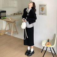 衣典零一（LEDIALYI）條紋拼接假兩件衛(wèi)衣半身裙套裝女2025春季新款穿搭休閑顯瘦兩件套 黑色 S （建議105斤內(nèi)）