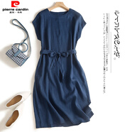 皮爾卡丹（pierre cardin）2025夏款連衣裙店女法式苧麻娃娃長(zhǎng)裙寬松系帶短袖棉亞麻連衣裙 深藍(lán)色(少量現(xiàn)貨) L 【建議110-130斤】