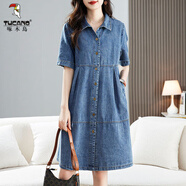 啄木鳥(niǎo)復古牛仔連衣裙女夏季2025新款韓版寬松顯瘦過(guò)膝休閑襯衫裙 牛仔藍 M 【建議100斤內】