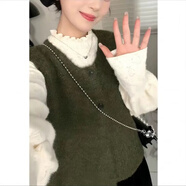 姿偉祺大碼韓系慵懶毛衣馬甲蕾絲打底衫半身裙三件套春夏百搭軟糯 針織馬甲 L