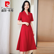 皮爾卡丹氣質(zhì)感短袖西裝連衣裙女夏職業(yè)V領(lǐng)時尚不規(guī)則中長裙高級感顯瘦潮 紅色 L