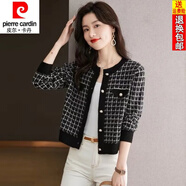 皮爾卡丹（pierre cardin）25年新款小香風(fēng)外套女針織上衣千鳥格小個子高腰毛衣秋季開衫外套 黑色 S
