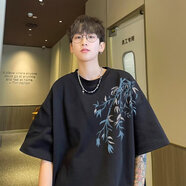 公子雪新中式國潮純棉大碼加肥短袖男中國風(fēng)五分袖寬松夏季潮牌百搭t恤 竹葉tm29黑色 M 95-110斤