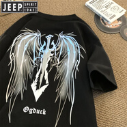 JEEP SPIRIT吉普t恤男美式高街設(shè)計(jì)感夜光翅膀短袖夏季潮牌重磅純棉半袖體恤 黑色【高質(zhì)量夜光款】 M (約80至100斤可穿)
