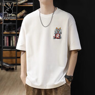 花花公子（PLAYBOY）2025新款夏季男士國潮刺繡重磅280g短袖t恤男大碼半袖體恤男款潮 648白色  4XL 200-220斤
