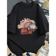 燦圖美式潮牌重磅蠟筆小新短袖t恤男夏季寬松半截袖情侶打底衫上衣服 黑色 2XL 【建議140-160斤】