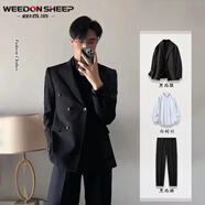 威登羊春秋季英倫風(fēng)男士寬松雙排扣小西裝外套韓版時(shí)尚商務(wù)正裝西服套裝 西服外套+白襯衫+黑西褲【三件 2XL