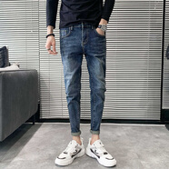 尊栩牛仔褲男春季新款青年低腰休閑彈力小腳韓版修身牛仔褲子 135藍(lán)色 常規(guī) 29