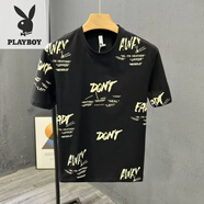 花花公子（PLAYBOY）t恤男士夏季新款潮牌ins修身圓領(lǐng)半袖男裝體恤上衣服帥氣 黑色 XL