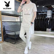 花花公子（PLAYBOY）冰絲棉T恤短袖夏季男裝2025新款潮流搭配帥氣休閑套裝衣服男一套 883#米白色 冰絲棉套裝 M 建議90-105斤