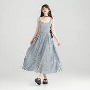 凱莉歐KEIKO 隨性假日黑白格子吊帶連衣裙夏季文藝復古大擺顯瘦背帶長(cháng)裙 乳白色 格子 M