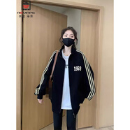 AEMAPE美式復(fù)古棒球服女春秋2025新款韓式衛(wèi)衣外套中長款遮屁股黑色2XL 建議135-150斤