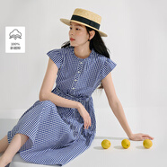 茵曼立領(lǐng)格子2025夏季女裝新款可調腰帶大擺長(cháng)裙藍白格色-W18525792 L