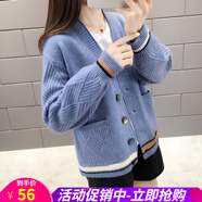 歐貝汐毛衣女開(kāi)衫外搭春秋冬季V領(lǐng)設(shè)計(jì)感新款女裝短款針織衫厚外套 藍(lán)色 均碼