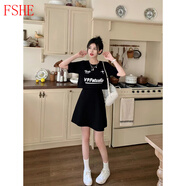 FSHE大碼胖mm2025連衣裙秋季小個(gè)子時(shí)尚休閑連衣裙高腰顯瘦黑色裙子 短款:黑色 XL 【建議120-140斤】