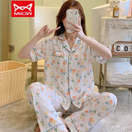 貓人（MiiOW）夏季棉綢睡衣女短袖套裝韓版開(kāi)衫寬松大碼人造棉薄款可外穿家居服 郁金香米白 L (建議80-100斤)