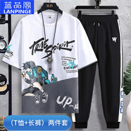 藍(lán)品閣純棉短袖t恤男士夏季初高中大學(xué)生大碼寬松青少年透氣半袖全棉T恤 白色九分褲套裝 M 身高165-170cm105-120斤