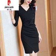 皮爾卡丹（pierre cardin）黑色包臀開叉連衣裙女春裝2025新款小黑裙V領(lǐng)修身氣質(zhì)顯瘦一步裙 黑色【七分袖】 L