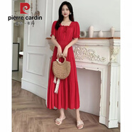 皮爾卡丹（PIERRE CARDIN）甜美長(zhǎng)裙法式復(fù)古茶歇裙方領(lǐng)長(zhǎng)款連衣裙高腰棉綢波點(diǎn)沙灘裙旅游度 紅色 2XL