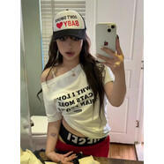 風(fēng)采兔 純棉美式甜辣妹露肩寬松短袖t恤女2025夏季字母顯瘦一字領(lǐng)潮上衣 白色 M