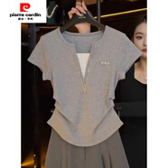 皮爾卡丹（pierre cardin）廣州十三行高貨灰色修身拼接假兩件V領(lǐng)短袖T恤女夏時(shí)尚拉鏈上衣 關(guān)注店鋪+收藏商品優(yōu)先發(fā)貨 XL (建議115-130斤)
